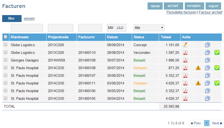 Overzicht facturen per klant, factuurnummer, factuurdatum en status